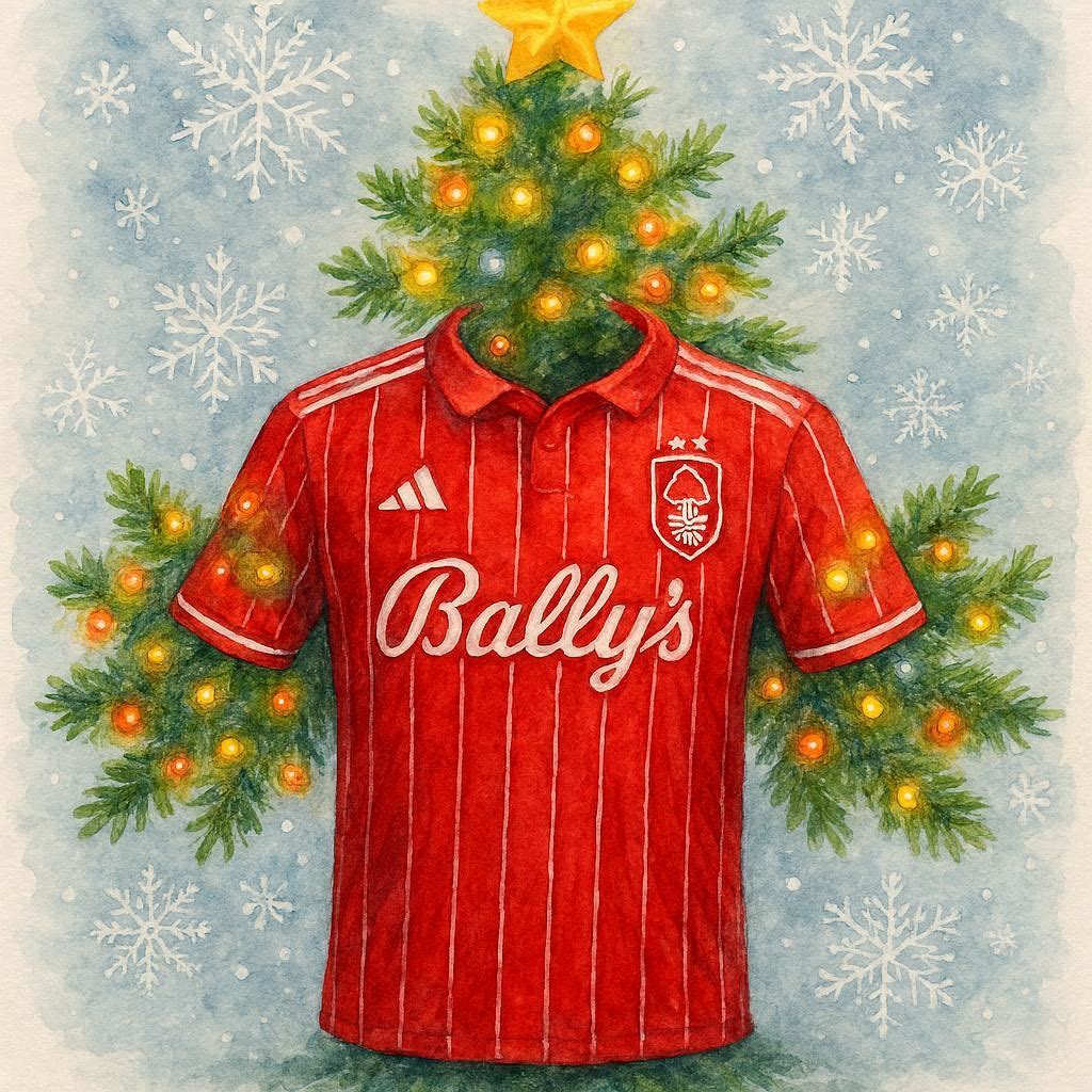 Nottingham Forest Football shirt next to a Christmas tree with lights on a snowy background.