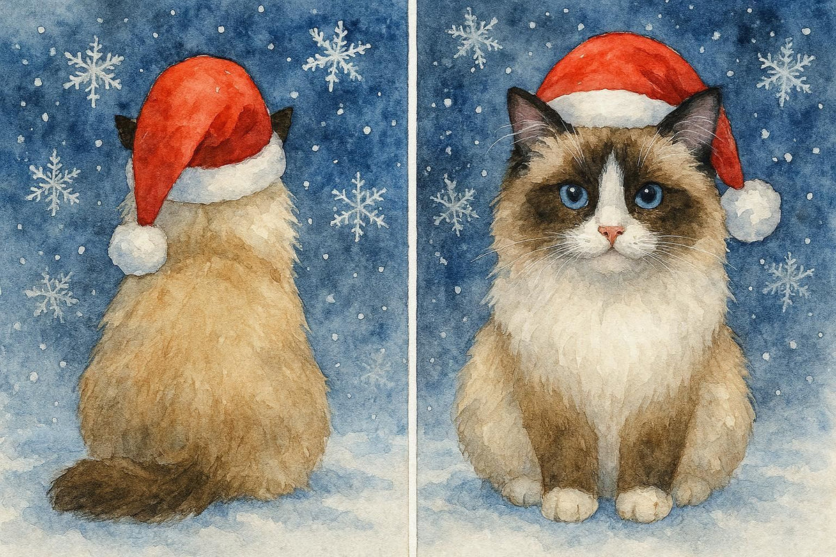 Front and back of a Ragdoll cat wearing a Santa hat on a snowy background.