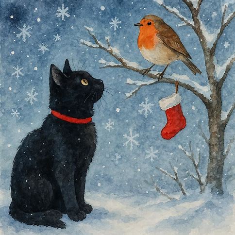 Christmas card of a Black cat and robin in a snowy scene with a red stocking.