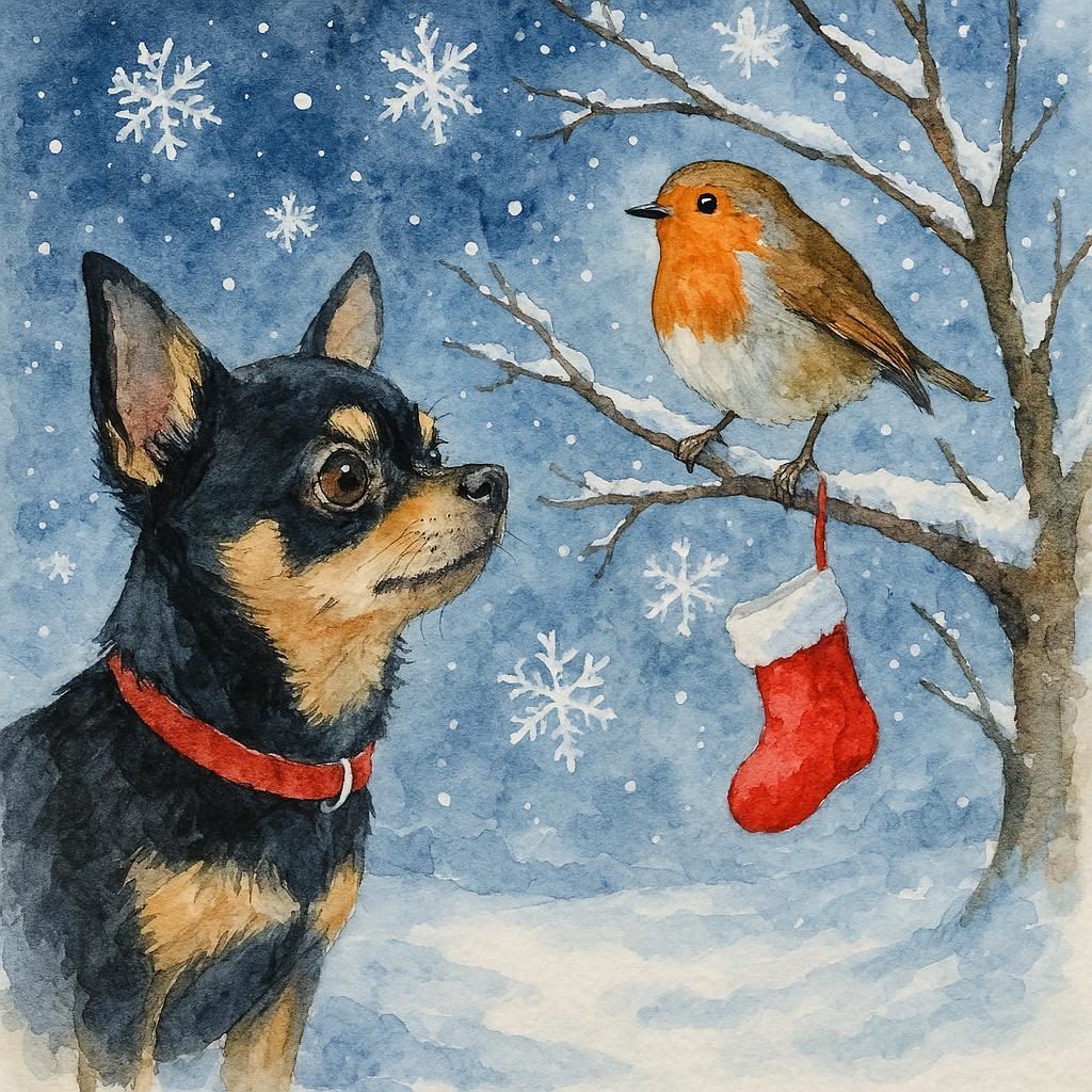Christmas card of a black chihuahua and robin in a snowy scene with a red stocking.