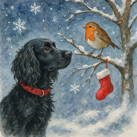 Christmas card of a working black cocker spaniel with a red collar looking at a robin on a branch with a red stocking in the snow.