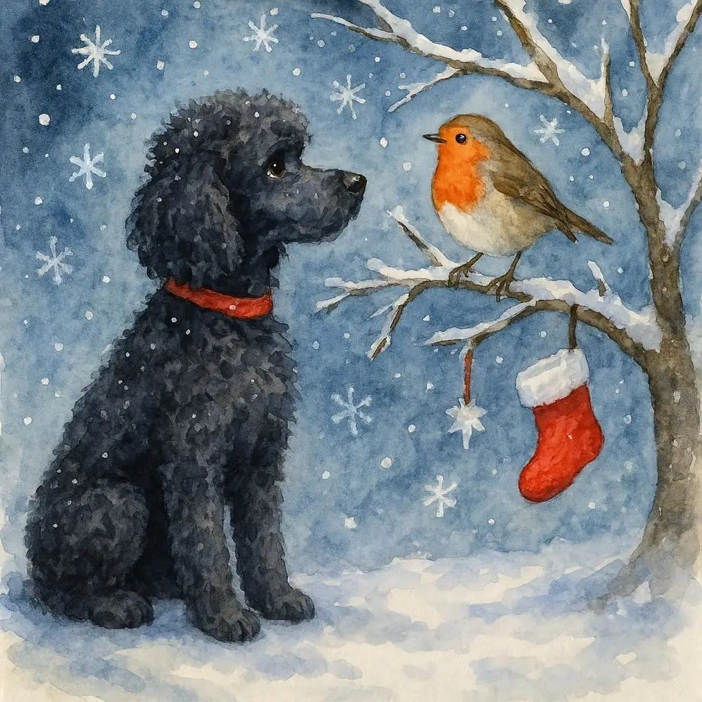 Christmas card of a black poodle and robin in a snowy scene with a red stocking.