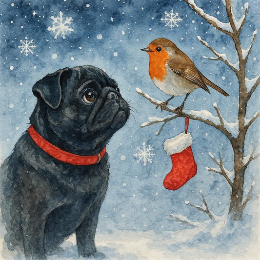 Christmas Card of a Black pug with a red collar, robin, and red stocking on a snowy background