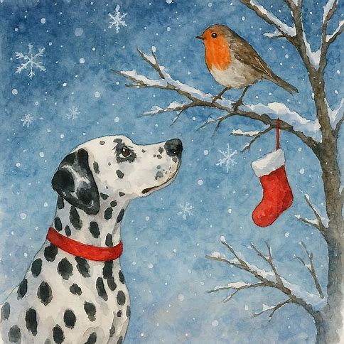 Christmas card of a Dalmatian dog and robin in a snowy scene with a Christmas stocking.