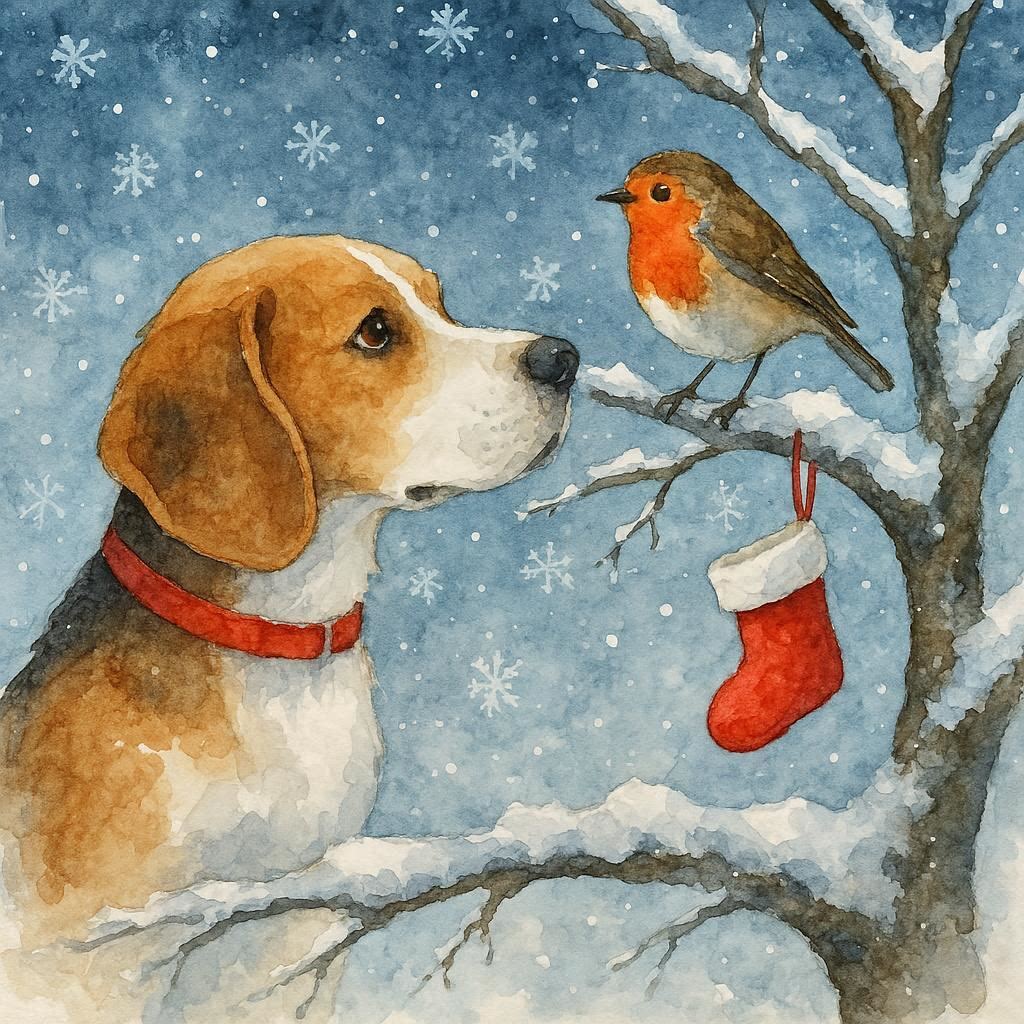 Christmas card of beagle and robin in a snowy scene with a stocking.