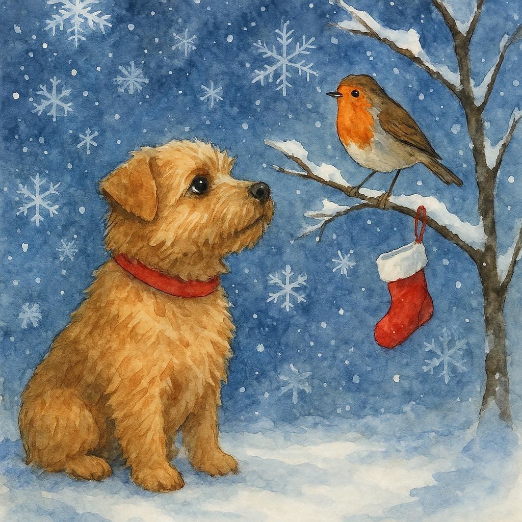 Christmas card of a Norfolk Terrier and robin in a snowy scene with a Christmas stocking