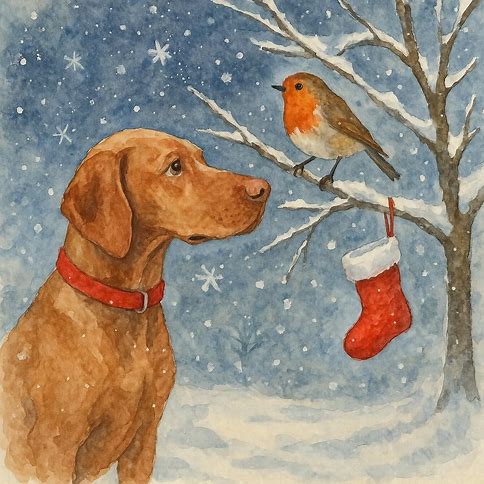 Christmas card of a Vizsla and robin in a snowy scene with a Christmas stocking.