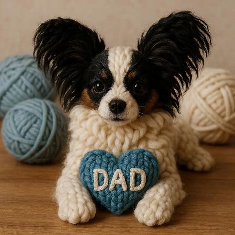 Knitted Papillon with a blue heart that says DAD