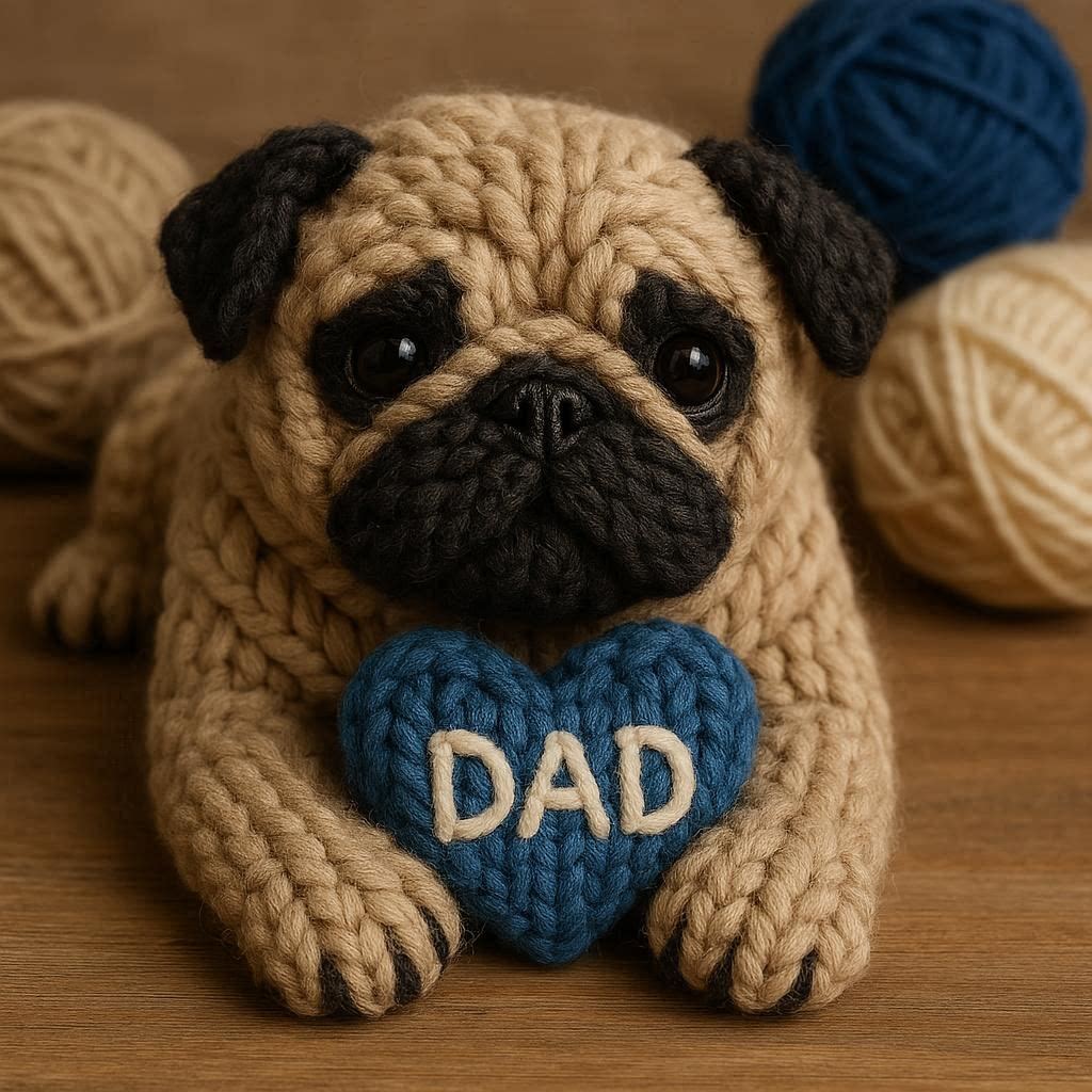Knitted pug with a blue heart that says DAD