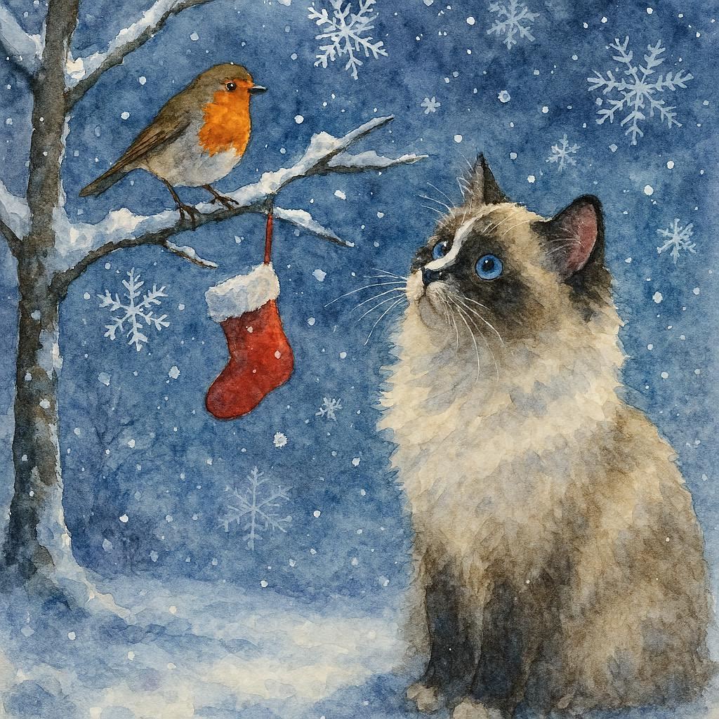 Christmas card featuring a Ragdoll Cat and robin snowy scene
