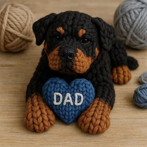 Knitted Rottweiler with a blue heart that says DAD