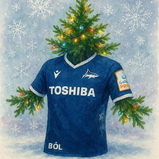 Christmas card featuring a Sale Sharks Rugby Shirt, Christmas Tree and snowflakes