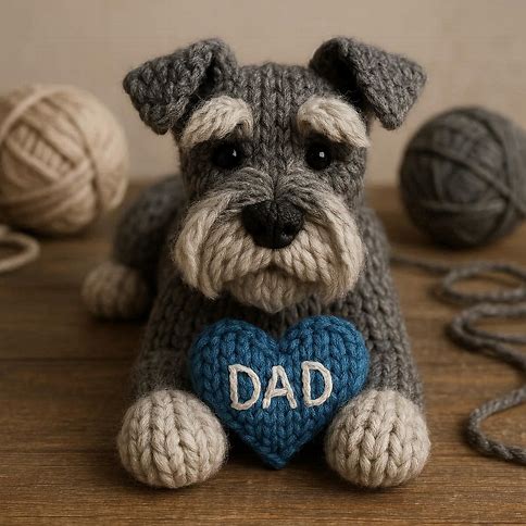 Knitted schnauzer with a blue heart that says DAD