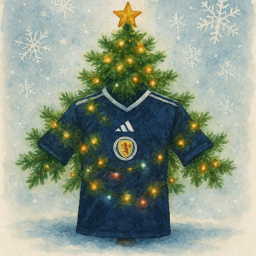 Christmas Card featuring a Christmas tree and a Scotland football shirt with lights and a star on a snowy background