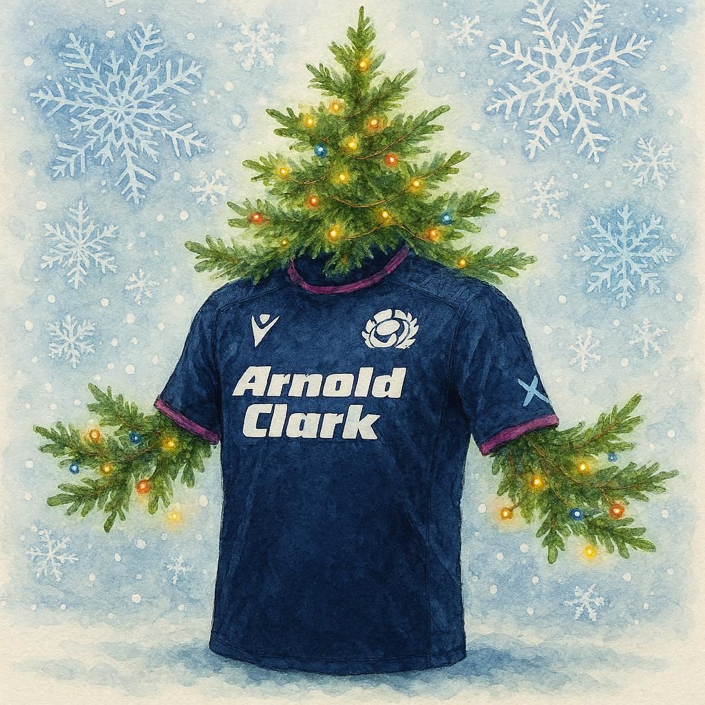 Scotland Rugby Shirt against a snowy background with Christmas tree and lights.