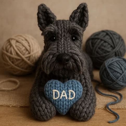 Knitted Scottish Terrier with a blue heart that says DAD
