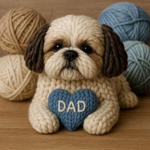 Knitted shih tzu  with a blue heart that says DAD