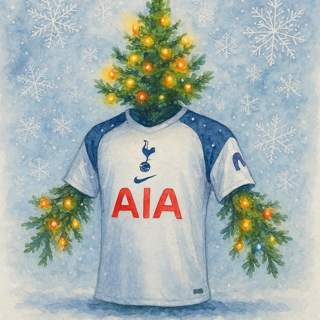 T-shirt with a Christmas tree on top, featuring the Tottenham Hotspur logo and 'AIA' branding, against a snowy background.