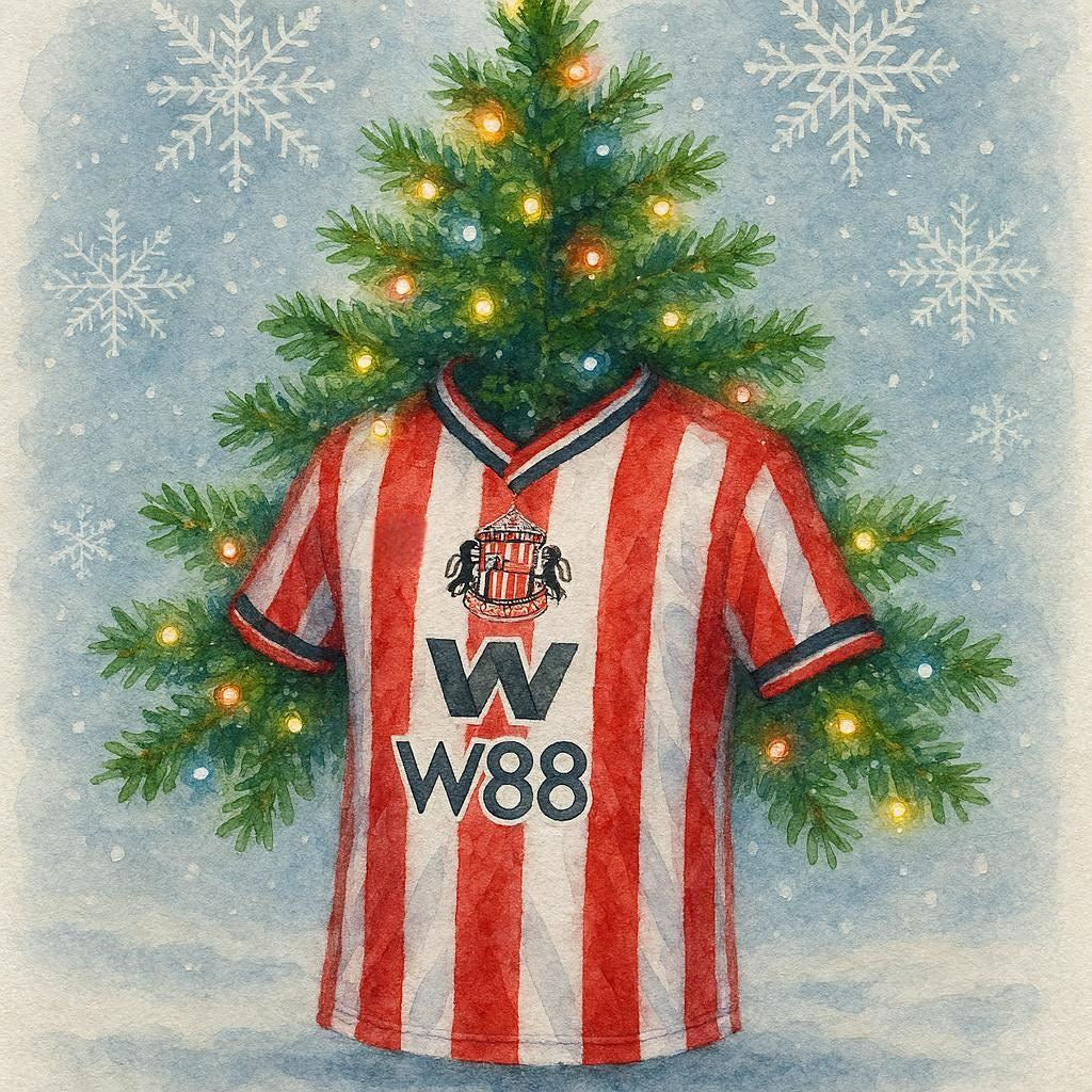 Christmas card featuring Sunderland Football Shirt, Christmas tree and lights