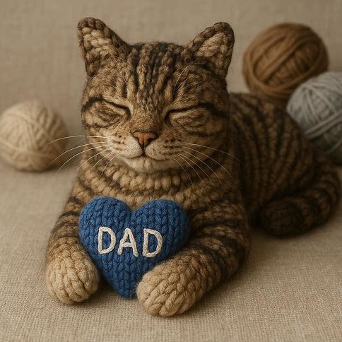 Knitted Tabby Cat with a blue heart that says DAD