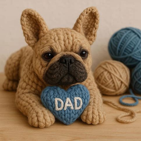 Knitted tan frenchie with a blue heart that says DAD