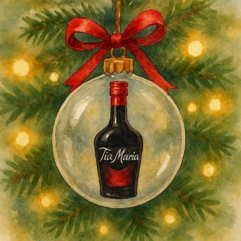 Decorative ornament with Tia Maria bottle on a Christmas tree