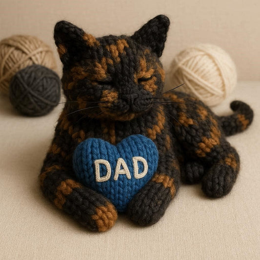 Knitted tortoiseshell cat with a blue heart that says DAD