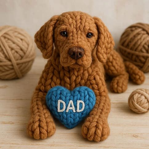 Knitted Vizsla with a blue heart that says DAD