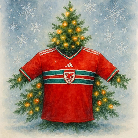 Wales Football shirt with a Christmas tree on top, surrounded by snowflakes
