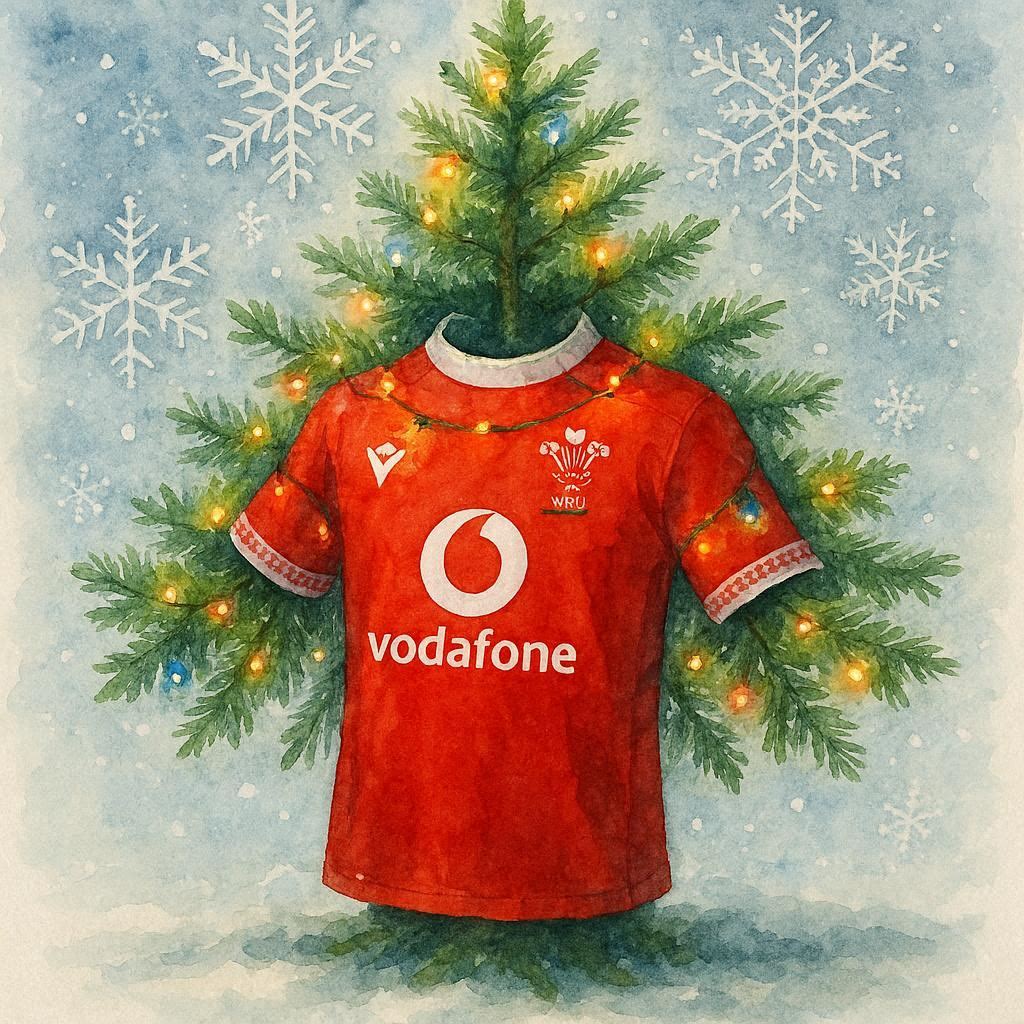 Wales Rugby shirt with Christmas tree and lights on a snowy background
