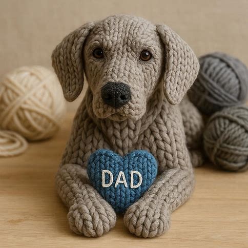 Knitted weimaraner with a blue heart that says DAD