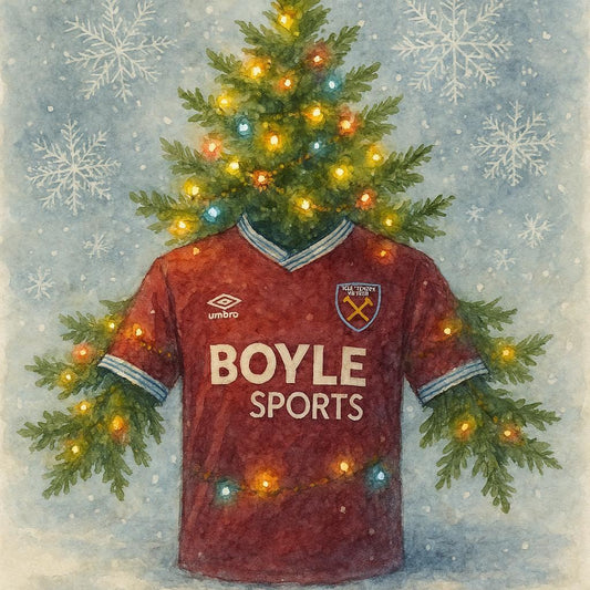 Christmas card featuring West Ham United Football Shirt, decorated with a Christmas tree and lights on a snowy background.