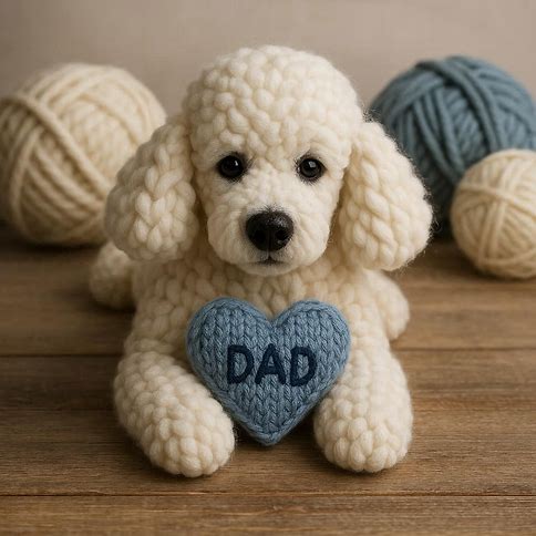 Knitted white poodle with a blue heart that says DAD