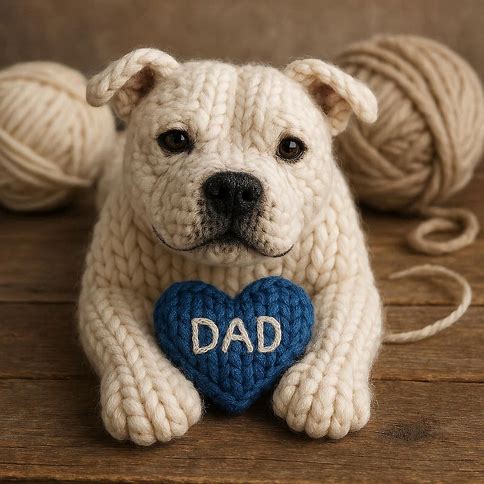 Knitted white staffie with a blue heart that says DAD