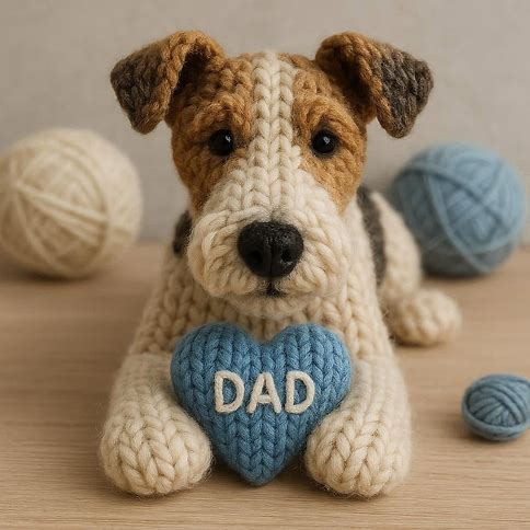 Knitted fox terrier with a blue heart that says DAD