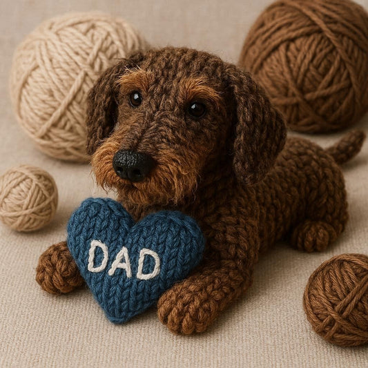 Knitted wire haired dachshund with a blue heart that says DAD