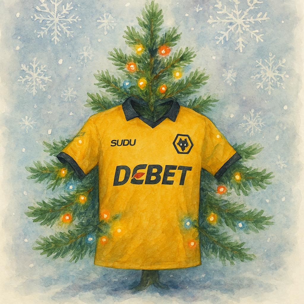 Christmas Card featuring a Wolverhampton Wanderers Football shirt and a Christmas tree on a snowy background