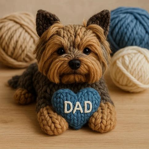 Knitted yorkshire terrier with a blue heart that says DAD