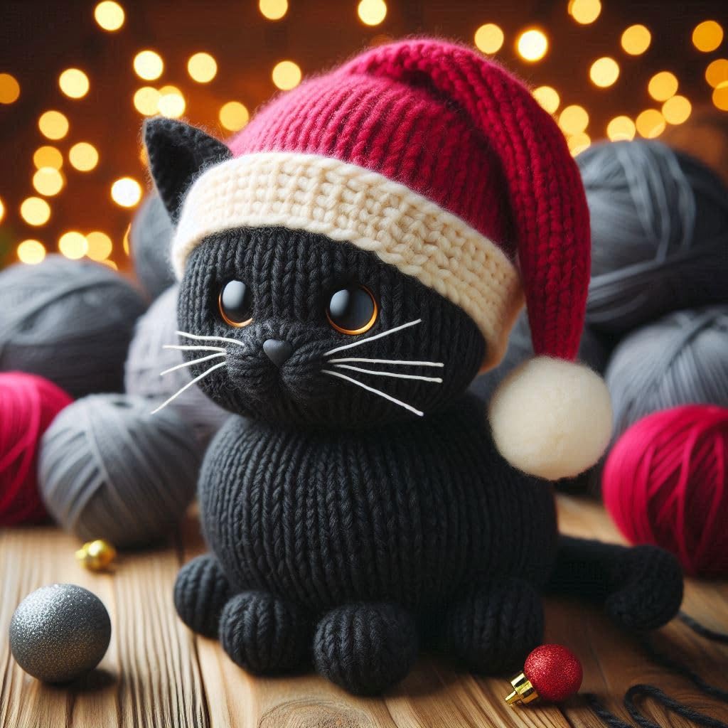 Pack of Black Cat Knitted Christmas Cards