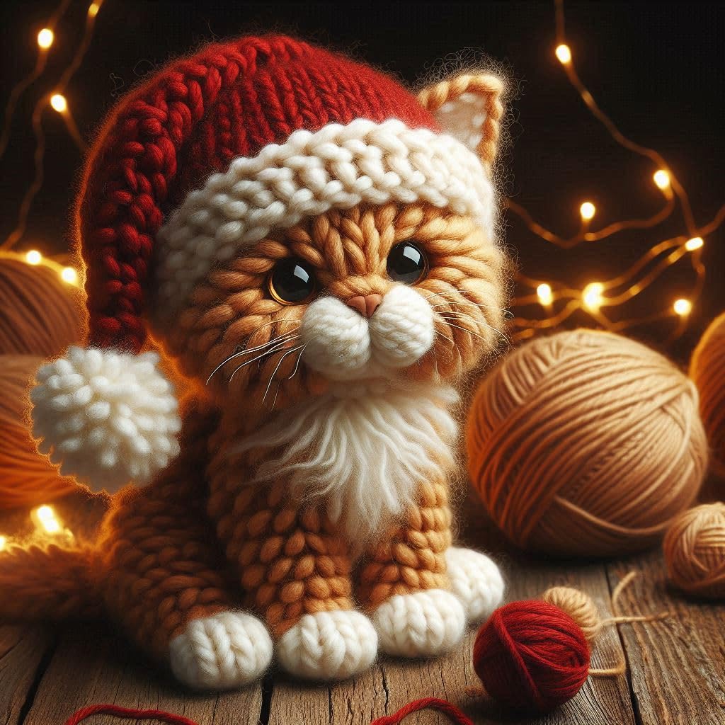 Pack of Ginger Cat Knitted Christmas Cards